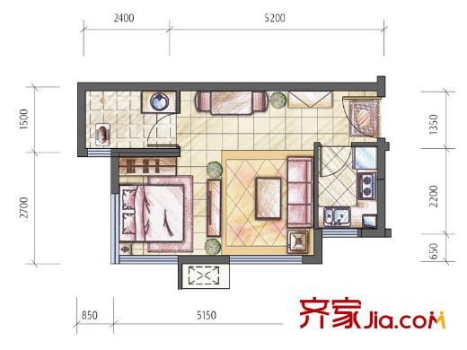 隆鑫花漾匯一期T14/T16標準層F2戶型 1室1衛(wèi)1廚