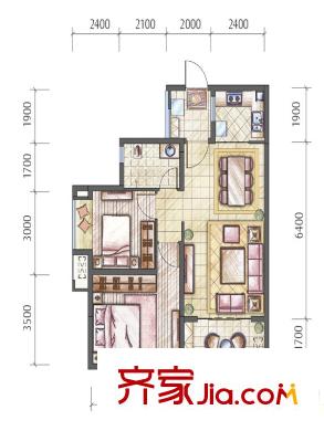 隆鑫花漾匯一期T14/T16標準層J'戶型 2室2廳1衛(wèi)1廚