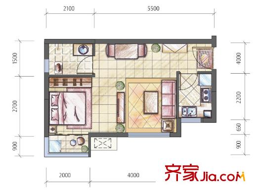 隆鑫花漾匯一期T14/T16標準層E1'戶型 1室1衛(wèi)1廚