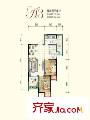 貝蒙天地錦軒一期高層所有樓棟標(biāo)準(zhǔn)層A3戶(hù)型 2室2廳1衛(wèi)
