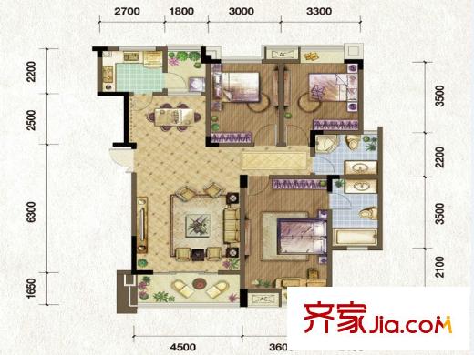 融匯半島香山美墅戶型圖一期洋房1-6號樓第五層B5戶型 3室2廳2衛(wèi)1廚
