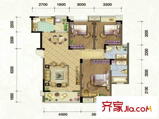 融匯半島香山美墅戶型圖一期洋房1-6號樓第三層B3戶型 3室2廳2衛(wèi)1廚