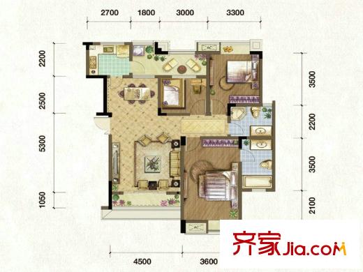 融匯半島香山美墅戶型圖一期洋房1-6號樓第六層B6戶型 3室2廳2衛(wèi)1廚