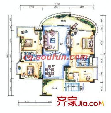 大川水岸戶型圖空中花園洋房?臨江樓 4室2廳2衛(wèi)1廚