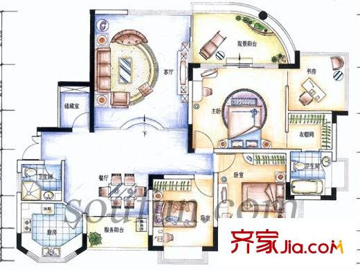 大川水岸戶型圖空中花園洋房?吟江樓 4室2廳2衛(wèi)