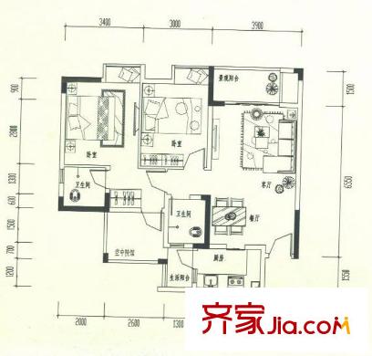 曦圓理工佳苑戶型圖一期標(biāo)準(zhǔn)層A戶型 2室2廳2衛(wèi)1廚