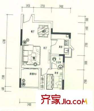 曦圓理工佳苑戶型圖一期標(biāo)準(zhǔn)層C戶型 1室2廳1衛(wèi)1廚