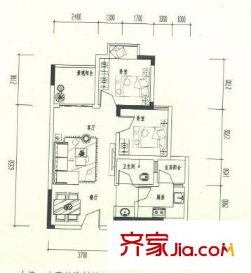 曦圓理工佳苑戶型圖一期標(biāo)準(zhǔn)層B戶型 2室2廳1衛(wèi)1廚