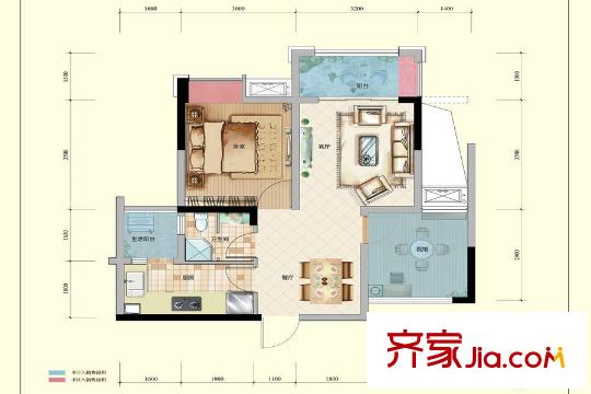 綠地城一期高層1、4-8號(hào)、11樓標(biāo)準(zhǔn)層A戶型 1室2廳1衛(wèi)1廚