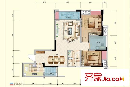 綠地城一期高層1-8、11號(hào)樓標(biāo)準(zhǔn)層C戶型 2室2廳1衛(wèi)1廚