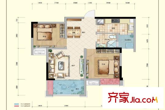 綠地城一期高層2、3號(hào)樓標(biāo)準(zhǔn)層B戶型 2室2廳1衛(wèi)1廚