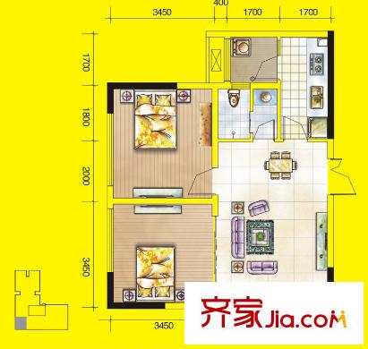 百康年奧運(yùn)光年戶型圖一期1號(hào)樓D戶型標(biāo)準(zhǔn)層 2室1廳1衛(wèi)1廚