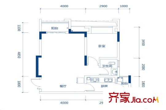 浩博幾米陽(yáng)光一期8-19號(hào)樓標(biāo)準(zhǔn)層E戶型 1室2廳1衛(wèi)1廚