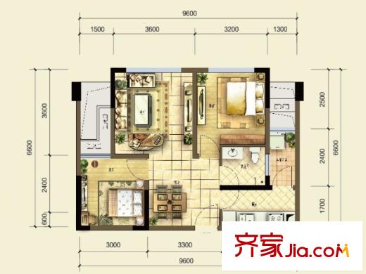 遠(yuǎn)洋高爾夫國(guó)際社區(qū)果嶺洋樓戶型圖一期J2號(hào)樓標(biāo)準(zhǔn)層F戶型 1室2廳1衛(wèi)1廚