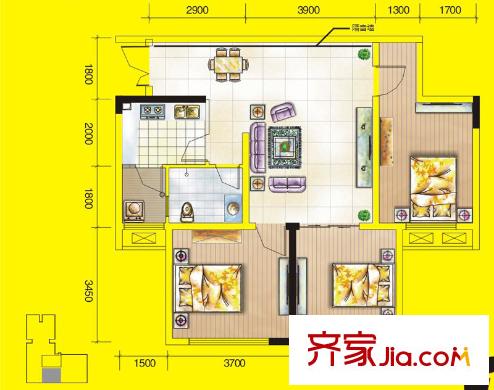 百康年奧運(yùn)光年戶型圖一期1號(hào)樓C戶型標(biāo)準(zhǔn)層 3室2廳1衛(wèi)1廚