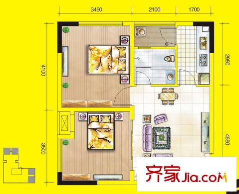 百康年奧運(yùn)光年戶型圖一期1號(hào)樓A戶型標(biāo)準(zhǔn)層 2室1廳1衛(wèi)1廚