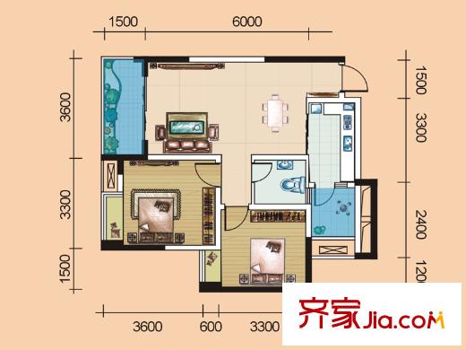 尚格博園二期4、5、6號樓標(biāo)準(zhǔn)層2號戶型 2室2廳1衛(wèi)1廚