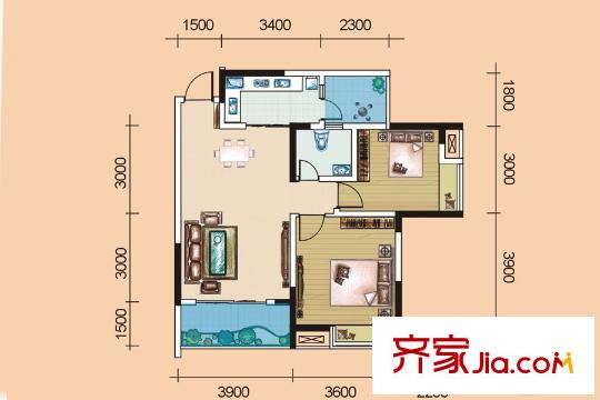 尚格博園二期4、5、6號樓標(biāo)準(zhǔn)層4號戶型 2室2廳1衛(wèi)1廚