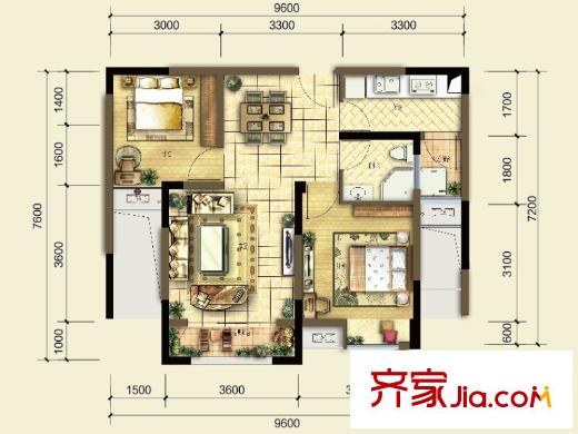 遠洋高爾夫國際社區(qū)果嶺洋樓戶型圖一期J2號樓標準層C戶型 1室2廳1衛(wèi)1廚