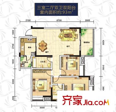 尚格博園一期1、2、3號樓標(biāo)準(zhǔn)層93平方米戶型 3室2廳2衛(wèi)1廚
