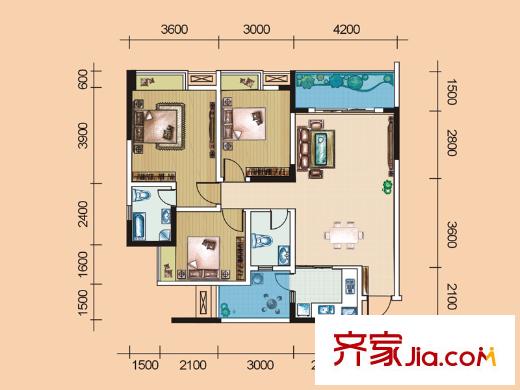 尚格博園二期4、5、6號樓標準層1號戶型 3室2廳2衛(wèi)1廚