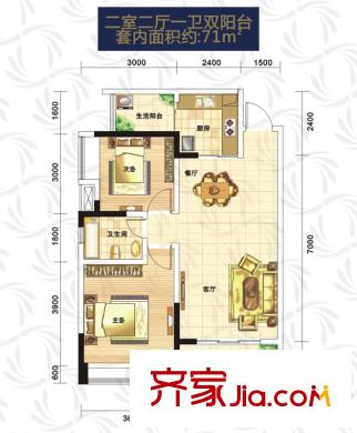 尚格博園一期1、2、3號樓標(biāo)準(zhǔn)層71平方米戶型 2室2廳1衛(wèi)1廚