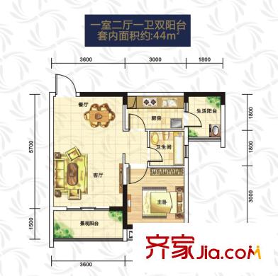 尚格博園一期1、2、3號樓標(biāo)準(zhǔn)層44平方米戶型 1室2廳1衛(wèi)1廚