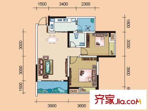尚格博園二期4、5、6號樓標(biāo)準(zhǔn)層3號戶型 2室2廳1衛(wèi)1廚