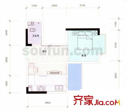 巴渝佳夢(mèng)戶型圖1期D型 1室1廳1衛(wèi)1廚