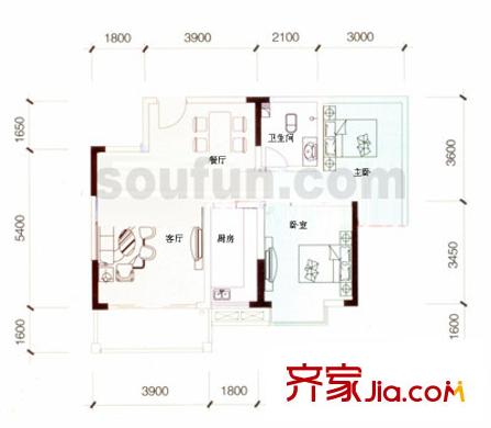 巴渝佳夢戶型圖1期B型 2室2廳1衛(wèi)1廚