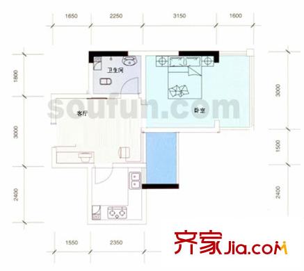 巴渝佳夢戶型圖1期C型 1室1廳1衛(wèi)1廚