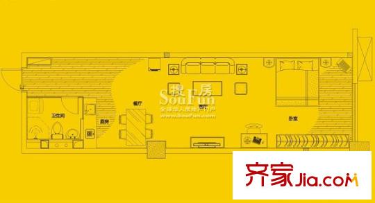 城市派戶型圖22號房 1室1廳1衛(wèi)1廚