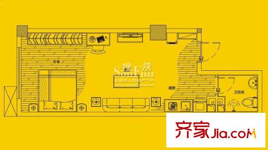 城市派戶型圖6號房 1室1廳1衛(wèi)1廚