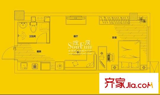 城市派戶型圖9號房 1室1廳1衛(wèi)1廚