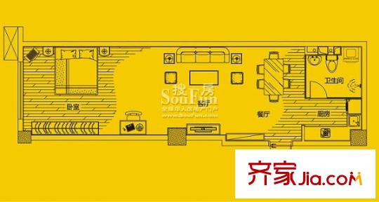 城市派戶型圖3號(hào)房 1室1廳1衛(wèi)1廚