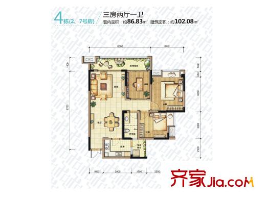 中維都市美鄰戶型圖一期4號(hào)樓標(biāo)準(zhǔn)層2/7號(hào)戶型 3室2廳1衛(wèi)1廚