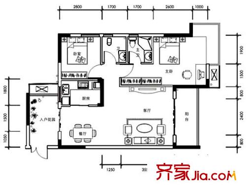 云天城市星空戶型圖B-5、6戶型 2室2廳2衛(wèi)1廚