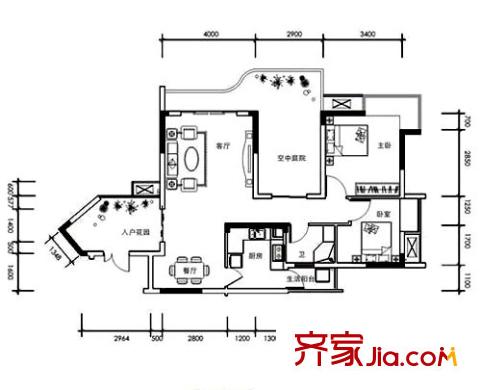 云天城市星空戶型圖B-3、4戶型 2室2廳1衛(wèi)1廚