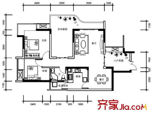 云天城市星空戶型圖B-1、2戶型 2室2廳1衛(wèi)1廚