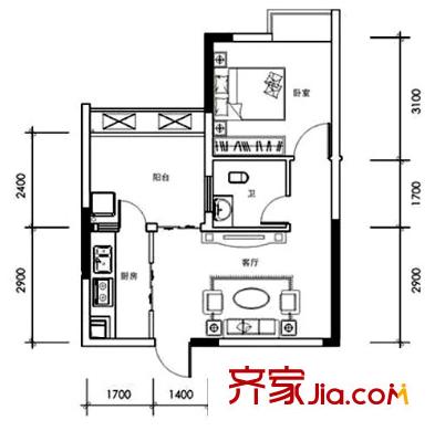 云天城市星空戶型圖A-4、5戶型 1室1廳1衛(wèi)1廚