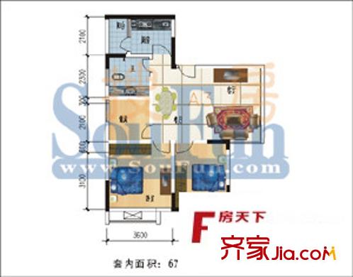 天河名港戶型圖2室 2室2廳1衛(wèi)1廚