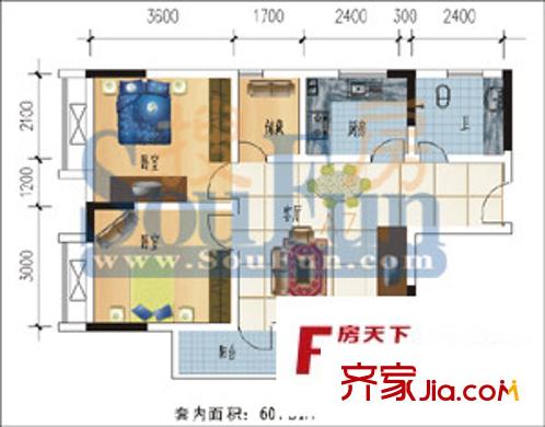 天河名港戶型圖2室 2室2廳1衛(wèi)1廚
