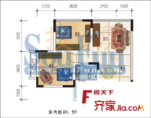 天河名港戶型圖1室 1室2廳1衛(wèi)1廚