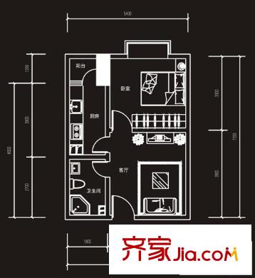 天奇渝中世紀(jì)戶型圖A2戶型，2單元 1室1廳1衛(wèi)1廚