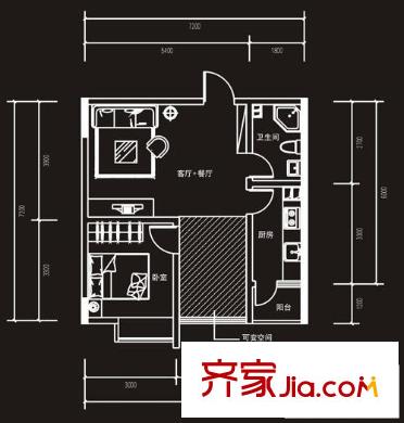 天奇渝中世紀(jì)戶型圖B3戶型，2單元 1室2廳1衛(wèi)1廚