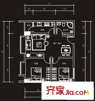 天奇渝中世紀(jì)戶型圖C1戶型，2單元 2室2廳1衛(wèi)1廚