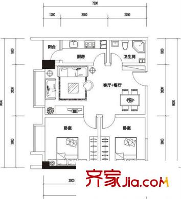 天奇渝中世紀(jì)戶型圖C1戶型 2室2廳1衛(wèi)1廚