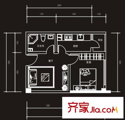 天奇渝中世紀(jì)戶型圖A1戶型，2單元 1室1廳1衛(wèi)1廚
