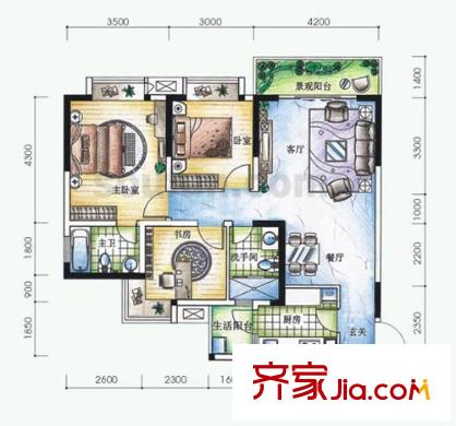 元佳廣場戶型圖4-1、9戶型 3室2廳2衛(wèi)1廚