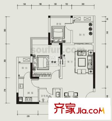 元佳廣場(chǎng)戶型圖3-02戶型 2室2廳1衛(wèi)1廚